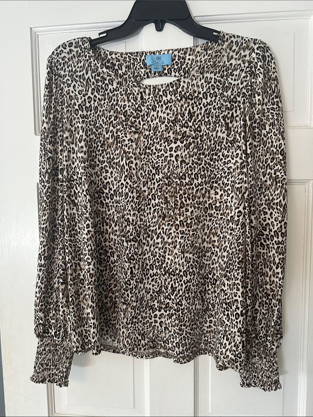 CeCe Beige and Black Leopard Print Long Sleeve Blouse
